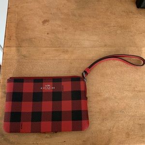 Coach wristlet, red and black plaid, zipper